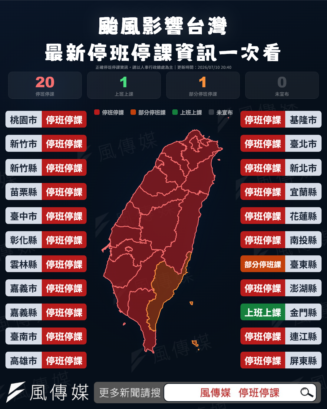 7/11 全台22縣市停班停課資訊。（圖／風傳媒製）